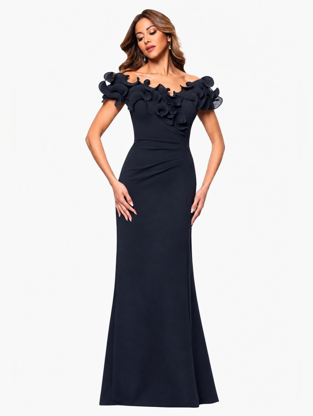 Xscape ANYA" Scuba CREPE & CHIFFON RUFFLE Off The Shoulder DRESS Size 12 Evening